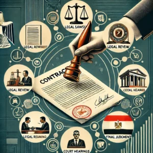 "7 Key Steps for Contract Enforcement in Egyptian Courts." It features a legal contract being stamped with approval, surrounded by seven icons representing the key steps in the enforcement process, such as filing a lawsuit, legal review, court hearings, and final judgment. The Egyptian flag is subtly integrated into the design. The background includes elements of a courtroom and legal documents, emphasizing the judicial process in Egypt. The overall tone is authoritative and informative, guiding viewers through the essential steps for enforcing contracts in Egyptian courts.