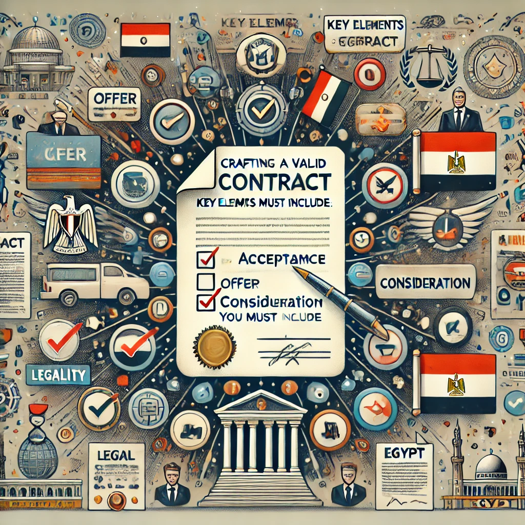 "Crafting a Valid Contract in Egypt: Key Elements You Must Include." It features an open contract with highlighted sections labeled with key elements such as "Offer," "Acceptance," "Consideration," and "Legality." Surrounding the contract are icons representing legal documents, checkmarks, and the Egyptian flag, symbolizing the importance of these elements in creating a valid contract. The background includes elements of legal frameworks and Egyptian landmarks, emphasizing the legal context. The overall tone is educational and precise, guiding viewers through the essential components needed for a valid contract in Egypt.