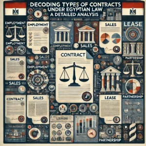 "Decoding Types of Contracts under Egyptian Law: A Detailed Analysis." It features a legal contract divided into multiple sections, each labeled with different contract types such as "Employment," "Sales," "Lease," and "Partnership." Surrounding the contract are icons representing legal documents, scales of justice, and the Egyptian flag, symbolizing the variety and complexity of contracts under Egyptian law. The background includes elements of legal frameworks and courtroom settings, emphasizing the thorough analysis of contract types. The overall tone is analytical and informative, guiding viewers through the different contract categories recognized by Egyptian law.