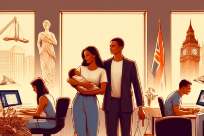 "Empowering Parents at Work: Maternity and Paternity Leave Laws in the UK." The image depicts a diverse couple of new parents in a supportive office environment, highlighting the balance between work and family life, supported by maternity and paternity leave laws in the UK.