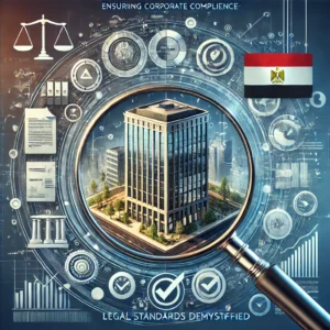 "Ensuring Corporate Compliance in Egypt: Legal Standards Demystified." It features a corporate office building with a magnifying glass hovering over it, symbolizing the scrutiny of legal compliance. Surrounding the building are icons representing legal documents, checkmarks, and scales of justice, with the Egyptian flag subtly integrated into the design. The background blends legal frameworks with business elements, emphasizing the importance of understanding and adhering to corporate compliance standards in Egypt. The overall tone is professional and informative, aimed at clarifying the legal standards for businesses operating in Egypt.