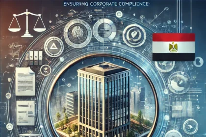 "Ensuring Corporate Compliance in Egypt: Legal Standards Demystified." It features a corporate office building with a magnifying glass hovering over it, symbolizing the scrutiny of legal compliance. Surrounding the building are icons representing legal documents, checkmarks, and scales of justice, with the Egyptian flag subtly integrated into the design. The background blends legal frameworks with business elements, emphasizing the importance of understanding and adhering to corporate compliance standards in Egypt. The overall tone is professional and informative, aimed at clarifying the legal standards for businesses operating in Egypt.