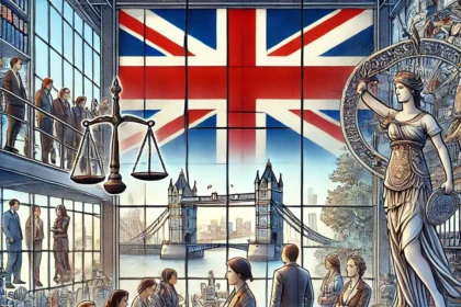 "Harmonizing Workforce Diversity: Immigration Laws and Employment in the UK." The image depicts a diverse group of professionals working together harmoniously in an office setting, with elements reflecting the UK's identity and subtle symbols representing legal frameworks. The overall mood emphasizes inclusivity and collaboration in a professional environment.