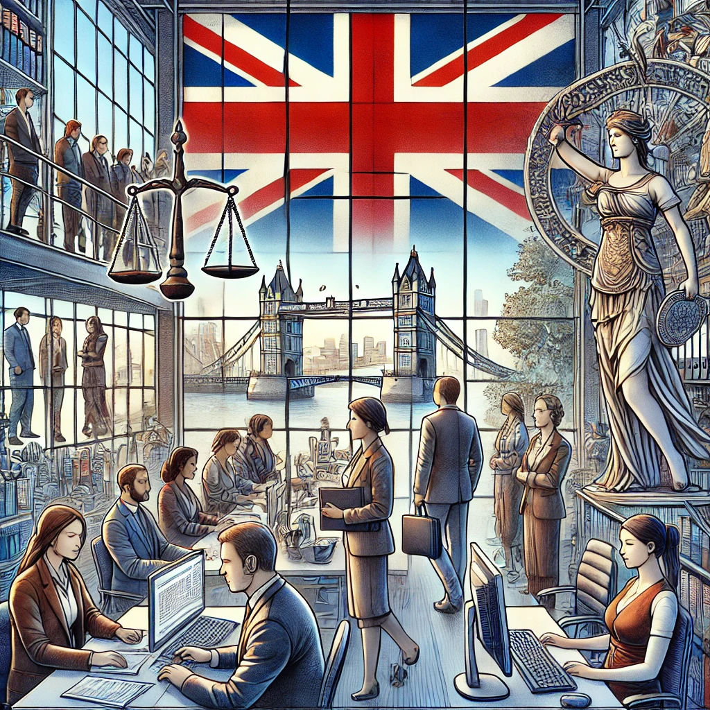 "Harmonizing Workforce Diversity: Immigration Laws and Employment in the UK." The image depicts a diverse group of professionals working together harmoniously in an office setting, with elements reflecting the UK's identity and subtle symbols representing legal frameworks. The overall mood emphasizes inclusivity and collaboration in a professional environment.