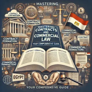 "Mastering Contracts and Commercial Law in Egypt: Your Comprehensive Guide." It features a large, open legal book titled "Contracts and Commercial Law," with key sections highlighted, such as "Contract Formation," "Commercial Transactions," and "Legal Obligations." Surrounding the book are icons representing legal documents, scales of justice, and the Egyptian flag, symbolizing the breadth of knowledge covered. The background includes elements of courtrooms and business settings, emphasizing the application of commercial law in Egypt. The overall tone is authoritative and educational, providing a comprehensive guide to mastering contracts and commercial law in Egypt.