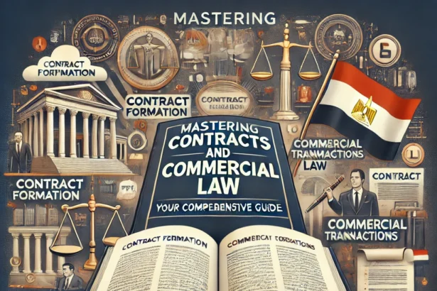 "Mastering Contracts and Commercial Law in Egypt: Your Comprehensive Guide." It features a large, open legal book titled "Contracts and Commercial Law," with key sections highlighted, such as "Contract Formation," "Commercial Transactions," and "Legal Obligations." Surrounding the book are icons representing legal documents, scales of justice, and the Egyptian flag, symbolizing the breadth of knowledge covered. The background includes elements of courtrooms and business settings, emphasizing the application of commercial law in Egypt. The overall tone is authoritative and educational, providing a comprehensive guide to mastering contracts and commercial law in Egypt.