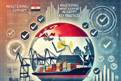 "Mastering Import and Export Regulations in Egypt: Key Practices." It features cargo ships and containers, symbolizing global trade, with the Egyptian flag prominently integrated into the design. Surrounding the ships are icons such as regulatory documents, checkmarks, and customs stamps, emphasizing the essential practices for complying with import and export regulations. The background includes elements of Egyptian landmarks and network grids, reflecting the connection between international trade and regulatory compliance. The overall tone is professional and informative, highlighting the importance of understanding and adhering to regulations for successful global trade in Egypt.