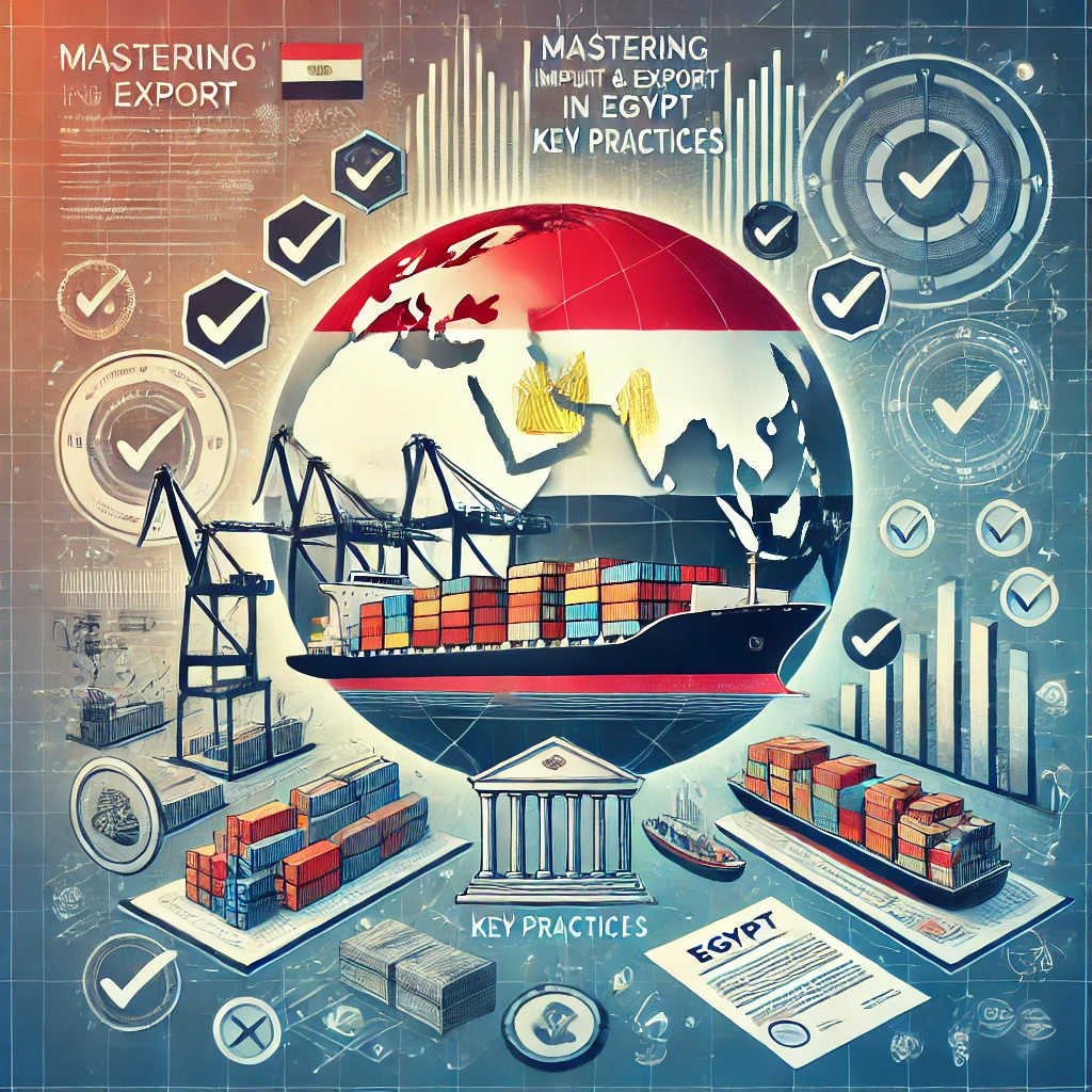 "Mastering Import and Export Regulations in Egypt: Key Practices." It features cargo ships and containers, symbolizing global trade, with the Egyptian flag prominently integrated into the design. Surrounding the ships are icons such as regulatory documents, checkmarks, and customs stamps, emphasizing the essential practices for complying with import and export regulations. The background includes elements of Egyptian landmarks and network grids, reflecting the connection between international trade and regulatory compliance. The overall tone is professional and informative, highlighting the importance of understanding and adhering to regulations for successful global trade in Egypt.