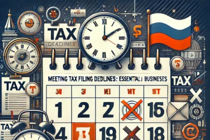 "Meeting Tax Filing Deadlines in Russia: Essential Steps for Businesses." It features a calendar with key tax filing dates marked, alongside a checklist of essential steps for compliance. Surrounding the calendar are icons such as clocks, tax documents, and the Russian Ruble symbol, symbolizing the importance of timely filing. The background includes elements of Russian landmarks and legal symbols, emphasizing the significance of adhering to tax deadlines in the Russian business environment. The overall tone is urgent and informative, guiding businesses to meet their tax obligations on time.