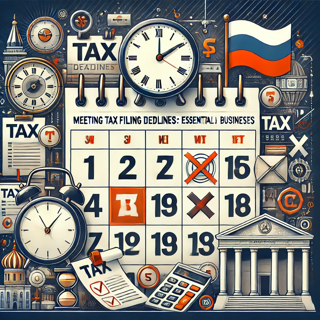 "Meeting Tax Filing Deadlines in Russia: Essential Steps for Businesses." It features a calendar with key tax filing dates marked, alongside a checklist of essential steps for compliance. Surrounding the calendar are icons such as clocks, tax documents, and the Russian Ruble symbol, symbolizing the importance of timely filing. The background includes elements of Russian landmarks and legal symbols, emphasizing the significance of adhering to tax deadlines in the Russian business environment. The overall tone is urgent and informative, guiding businesses to meet their tax obligations on time.