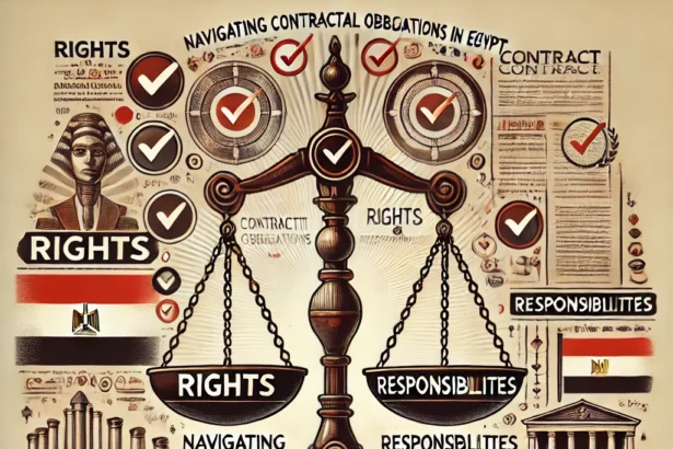 "Navigating Contractual Obligations in Egypt: Rights and Responsibilities Explained." It features a scale balancing "Rights" on one side and "Responsibilities" on the other, symbolizing the equilibrium in contracts. Surrounding the scale are icons representing legal documents, checkmarks, and the Egyptian flag, emphasizing the context of Egyptian law. The background includes elements of legal frameworks and courtroom settings, highlighting the importance of understanding both rights and responsibilities in contractual obligations. The overall tone is balanced and educational, guiding viewers through the complexities of contract law in Egypt.