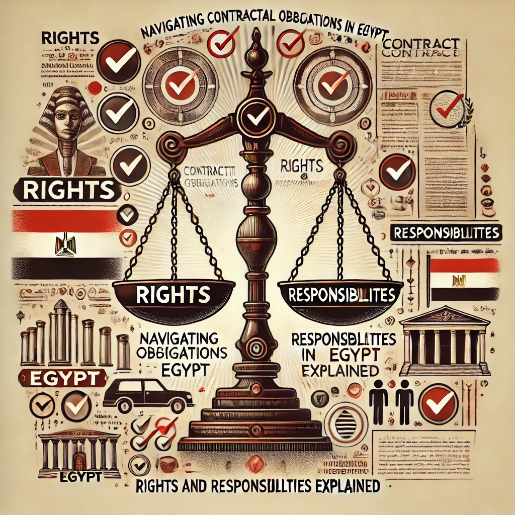 "Navigating Contractual Obligations in Egypt: Rights and Responsibilities Explained." It features a scale balancing "Rights" on one side and "Responsibilities" on the other, symbolizing the equilibrium in contracts. Surrounding the scale are icons representing legal documents, checkmarks, and the Egyptian flag, emphasizing the context of Egyptian law. The background includes elements of legal frameworks and courtroom settings, highlighting the importance of understanding both rights and responsibilities in contractual obligations. The overall tone is balanced and educational, guiding viewers through the complexities of contract law in Egypt.