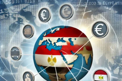 "Navigating International Trade Agreements in Egypt: Business Impacts." Each design features a globe with trade routes connected to Egypt, symbolizing international trade agreements. Surrounding the globe are icons representing trade agreements, contracts, and currency symbols, with the Egyptian flag subtly integrated into the design. The background includes elements of global commerce and legal documents, emphasizing the impact of international trade agreements on businesses in Egypt. The overall tone is professional and informative, highlighting the importance of understanding these agreements for successful international business operations.