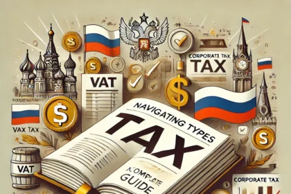 "Navigating Types of Taxes for Businesses in Russia: A Complete Guide." It features a large, open tax guidebook with sections labeled for different types of taxes, such as VAT, corporate tax, and income tax. Surrounding the guidebook are icons like the Russian Ruble symbol, tax documents, and checkmarks, symbolizing the process of managing various taxes. The background includes elements of Russian landmarks and legal symbols, emphasizing the business environment in Russia. The overall tone is professional and informative, guiding businesses through the complexities of Russian tax regulations.