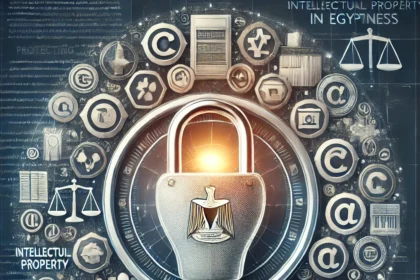 "Protecting Intellectual Property in Egypt: Best Practices for Businesses." It features a secure lock overlaid on a lightbulb, symbolizing the protection of innovation and intellectual property. Surrounding the lightbulb are icons representing patents, trademarks, and copyrights, with the Egyptian flag subtly integrated into the design. The background includes legal documents and scales of justice, emphasizing the legal framework for IP protection in Egypt. The overall tone is protective and authoritative, highlighting the best practices businesses should follow to safeguard their intellectual property in Egypt.