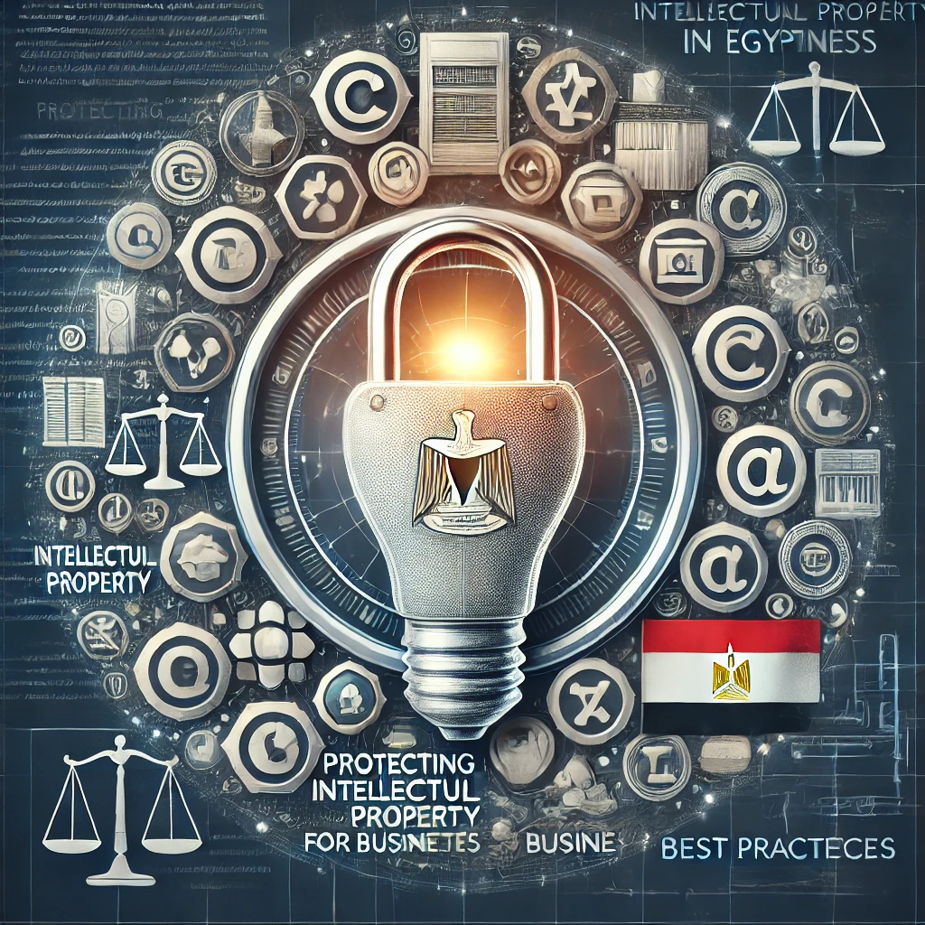 "Protecting Intellectual Property in Egypt: Best Practices for Businesses." It features a secure lock overlaid on a lightbulb, symbolizing the protection of innovation and intellectual property. Surrounding the lightbulb are icons representing patents, trademarks, and copyrights, with the Egyptian flag subtly integrated into the design. The background includes legal documents and scales of justice, emphasizing the legal framework for IP protection in Egypt. The overall tone is protective and authoritative, highlighting the best practices businesses should follow to safeguard their intellectual property in Egypt.