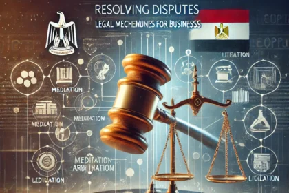 "Resolving Disputes in Egypt: Legal Mechanisms for Businesses." It features a gavel striking down on a balance scale, symbolizing the resolution of disputes. Surrounding the gavel are icons representing mediation, arbitration, and litigation, with the Egyptian flag subtly integrated into the design. The background includes elements of legal documents and courtrooms, emphasizing the various legal mechanisms available for dispute resolution in Egypt. The overall tone is authoritative and focused, highlighting the pathways businesses can take to resolve disputes effectively within the Egyptian legal framework.