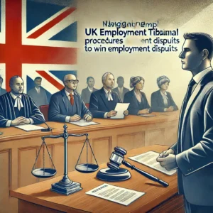 "Winning Employment Disputes: Navigating UK Tribunal Procedures." The image depicts a courtroom or tribunal setting, with a professional presenting a case before a judge or panel, emphasizing the seriousness and importance of the legal process, with a focus on achieving a fair outcome.