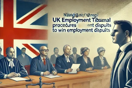 "Winning Employment Disputes: Navigating UK Tribunal Procedures." The image depicts a courtroom or tribunal setting, with a professional presenting a case before a judge or panel, emphasizing the seriousness and importance of the legal process, with a focus on achieving a fair outcome.